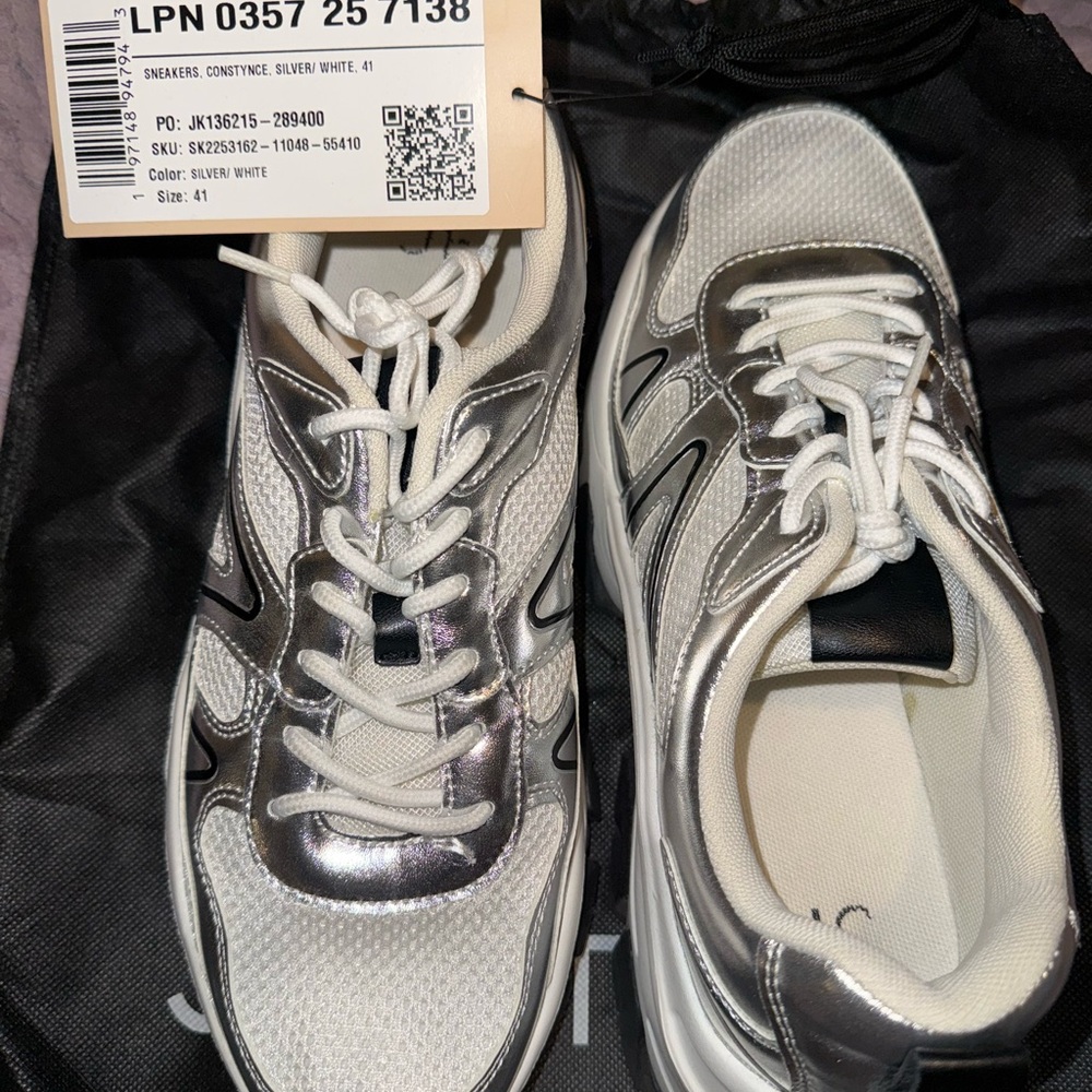 JustFab White and Silver Athletic Shoes with Breathable Mesh